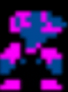 a pixel art of a blue and pink monster on a black background