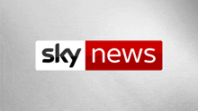 a red and white logo for sky news on a gray background