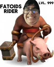 a fatoids rider is riding a pig and holding a hammer