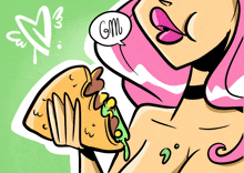 a cartoon drawing of a woman eating a sandwich with a speech bubble saying gm