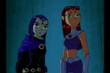 two cartoon characters raven and starfire are standing next to each other .