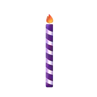 a purple and white striped birthday candle with a flame on top