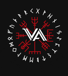 a black background with a circle of symbols with the letter va in the center