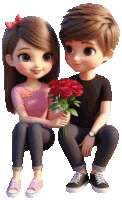 a boy and a girl are sitting next to each other with the girl holding a bouquet of roses