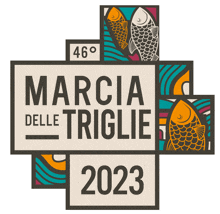 a sign that says marcia delle triglie 2023 with two fish on it