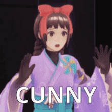 a girl with a red bow on her head is wearing a purple kimono and says cunny