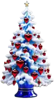 a blue and white christmas tree with red hearts and a star on top