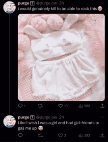 a screenshot of purge 's tweet with a picture of a bunny outfit