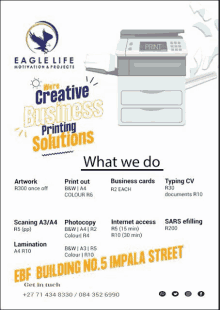 an advertisement for eagle life printing solutions shows a printer and a list of services .