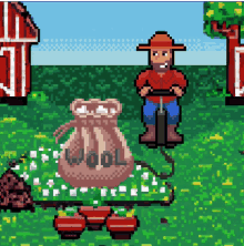 pixel art of a man pumping a bag of wool