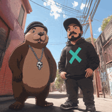 a man wearing a hoodie with an x on it stands next to a bear