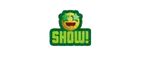 a green sticker with a smiling face and the word show