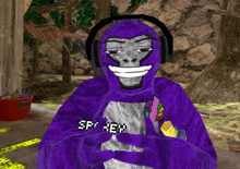 a video game character wearing headphones and a purple hoodie that says spy hey