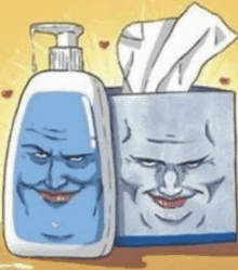 a bottle of soap and a box of tissues with faces drawn on them .