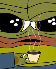 a cartoon of a frog with a cup of coffee next to it