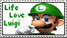 a postage stamp with a picture of mario and the words `` life love luigi '' written on it .