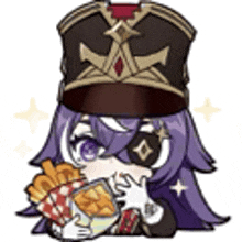 a cartoon girl with purple hair and a hat is holding a bag of french fries .