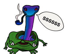 a cartoon of a snake smoking a pipe with a speech bubble that says sssss