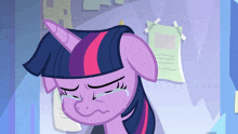 twilight sparkle from my little pony is crying in front of a wall with papers taped to it