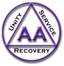 a logo for aa recovery with a purple triangle in the middle