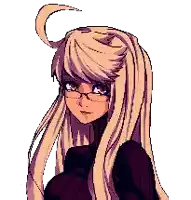 a pixel art of a girl with long blonde hair wearing glasses and a black sweater