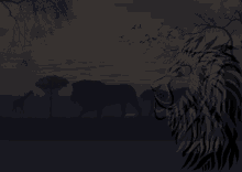 a silhouette of a lion with a giraffe in the background and birds flying in the sky