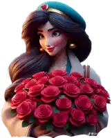 a cartoon girl is holding a bouquet of red roses in her hands