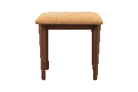 a small wooden stool with an orange cushion on top