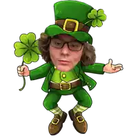 a cartoon of a leprechaun holding a four leaf clover and wearing glasses