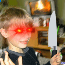 a boy with red eyes is holding a knife in front of a fireplace