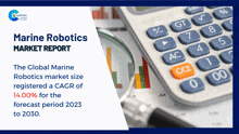 a marine robotics market report with a magnifying glass and a calculator