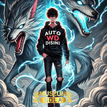 a man with a hoodie that says auto wd disini stands in front of two wolves