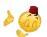 a yellow smiley face with a red hat on its head is giving a thumbs up .