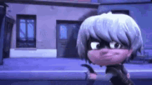 a cartoon character with gray hair is holding a sword