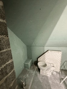 a white toilet sits in a corner of a bathroom