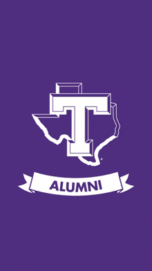 a purple background with a white logo that says alumni on it