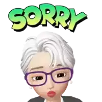 a cartoon girl with glasses and the word sorry above her head