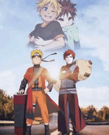 naruto and gaara from naruto are standing next to each other holding hands .