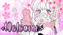 a drawing of a girl wearing a gas mask with the words welcome written on the bottom