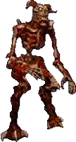 a skeleton with horns and claws is standing on a white background in a video game .