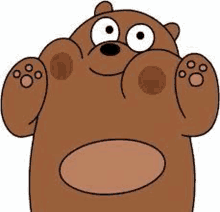 grizzly bear from we bare bears is looking at the camera with his paws up .