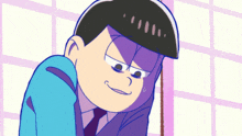 a close up of a cartoon character with purple hair and a blue jacket