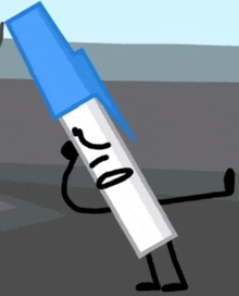 a cartoon drawing of a blue marker with a face and legs