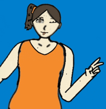 a cartoon drawing of a girl in an orange tank top