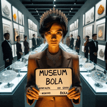 a woman holding a sign that says museum bola on it