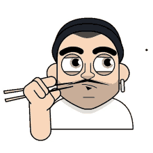 a cartoon man with a mustache is holding chopsticks in his mouth