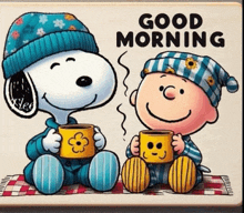 a cartoon of snoopy and charlie brown holding cups of coffee