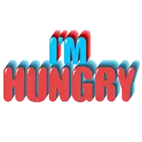 the word hungry is in red and blue on a white background