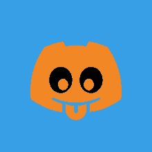 an orange face with black eyes and a tongue out on a blue background