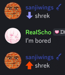 a screenshot of a discord conversation between sanjiwings shrek and realschoo i 'm bored